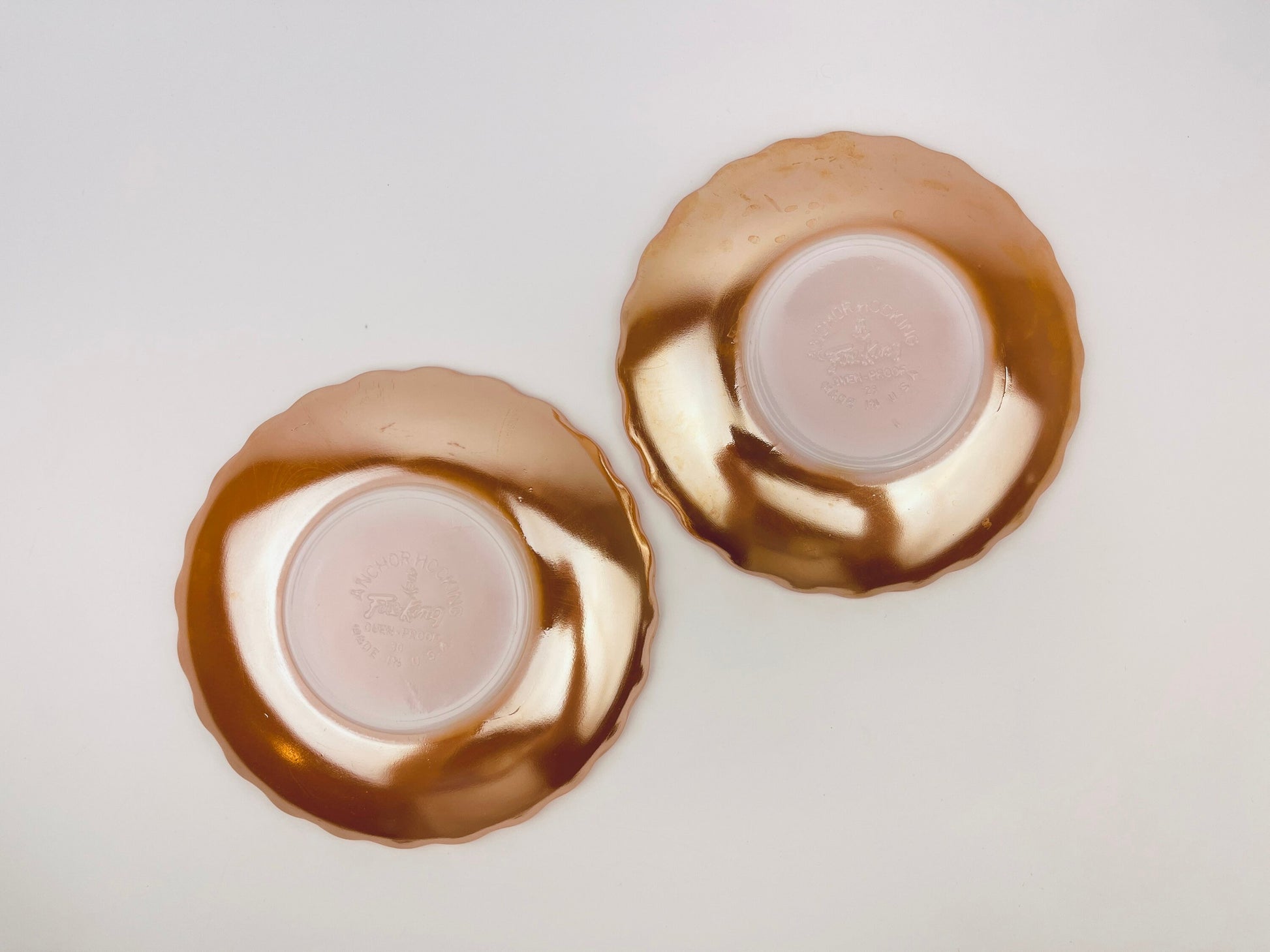 Product image for 'vintage peach lustreware swirl demitasse espresso saucer plate replacement anchor hocking fire king made in usa set of two 2' (view 0504d1)