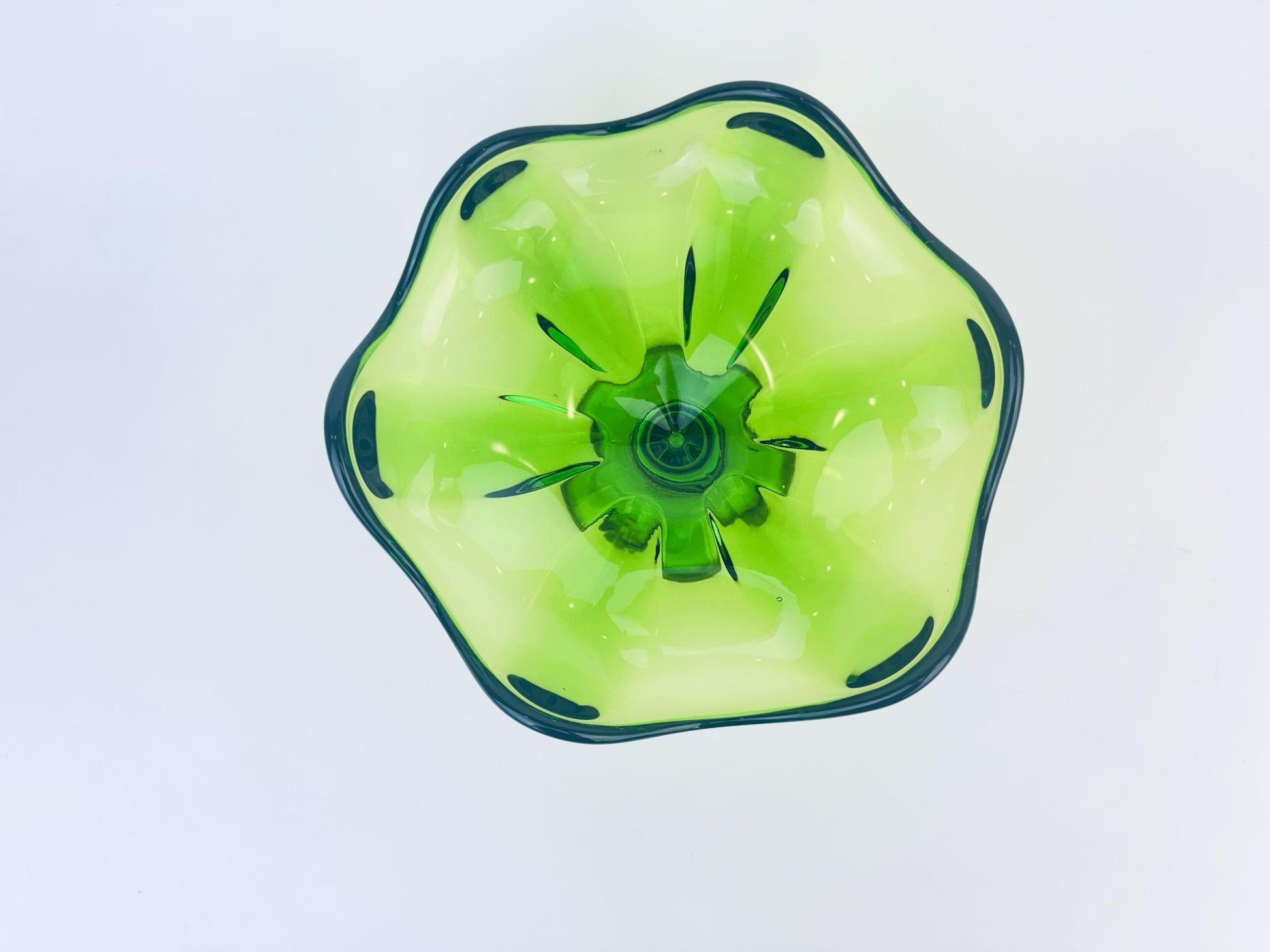 Product image for 'vintage viking epic glass green six petal crimped compote mid century modern art glass bowl' (view 338d12)