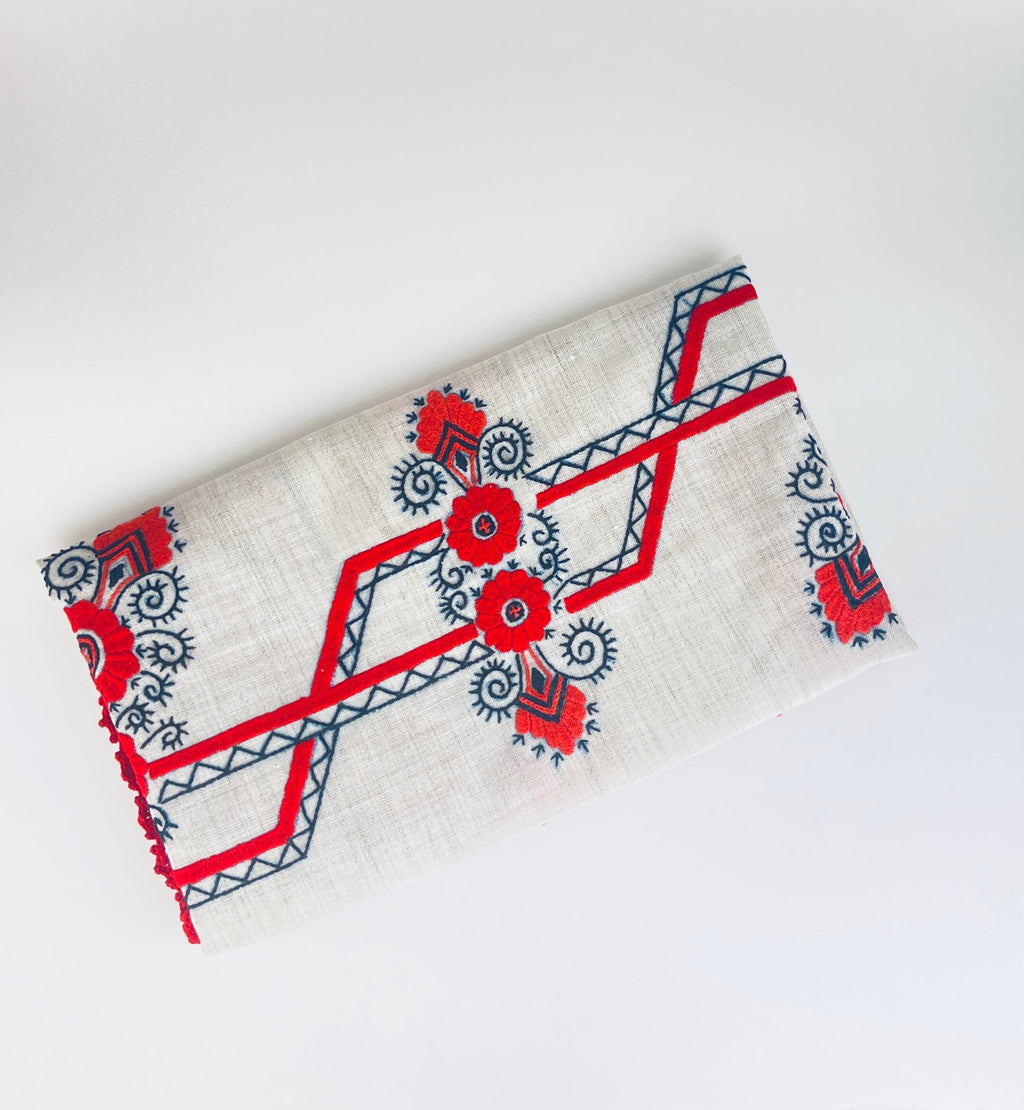 Product image for 'vintage embroidered table runner linen red black floral red stitch fringe' (view 28d337)