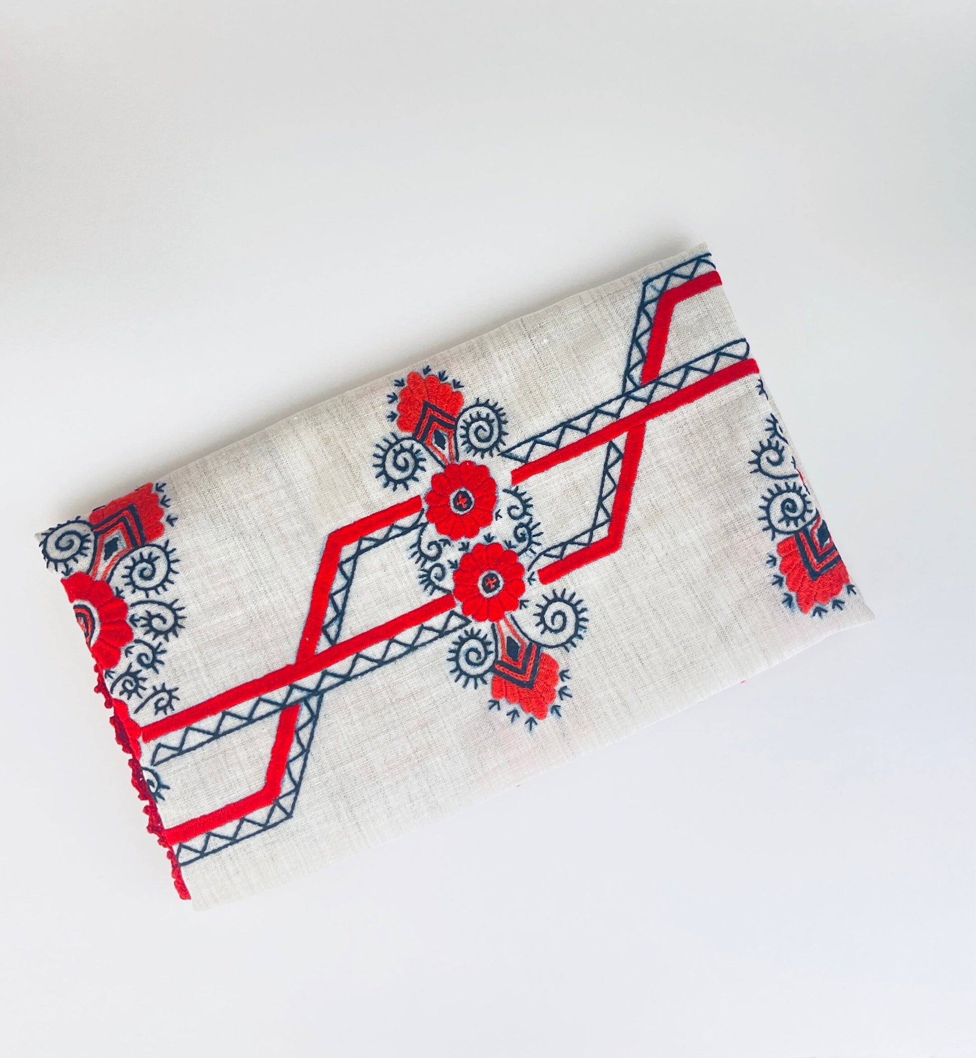 Product image for 'vintage embroidered table runner linen red black floral red stitch fringe' (view 28d337)