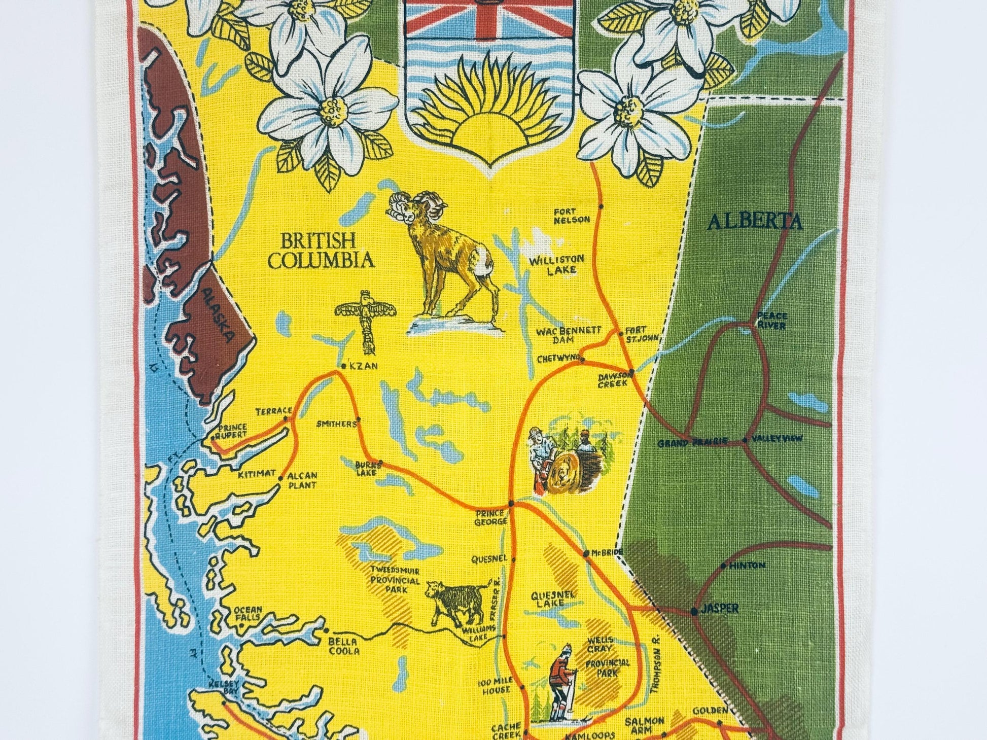 Product image for 'vintage 1960s british columbia linen tea towel hand printed canadian souvenir' (view 0629dd)
