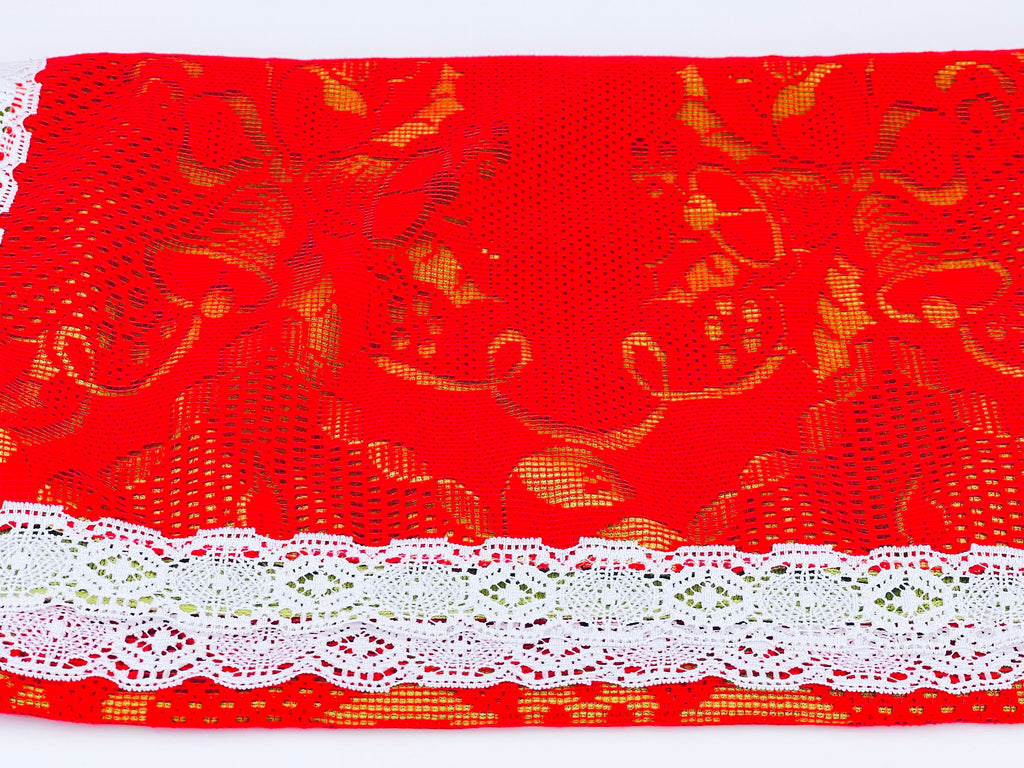 Product image for 'vintage christmas table runner poinsettia bells red green white lace pattern 16 5 x 44' (view 5d224a)