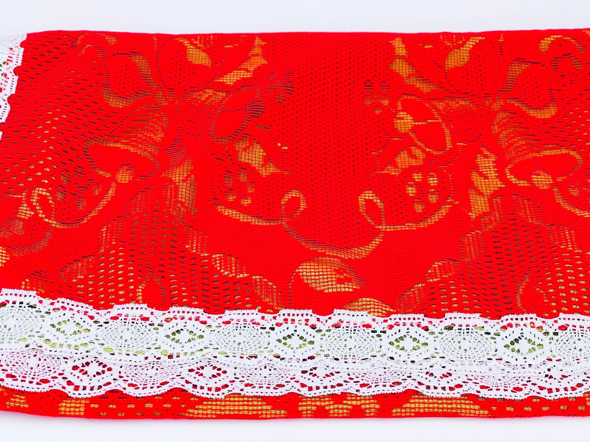 Product image for 'vintage christmas table runner poinsettia bells red green white lace pattern 16 5 x 44' (view 5d224a)