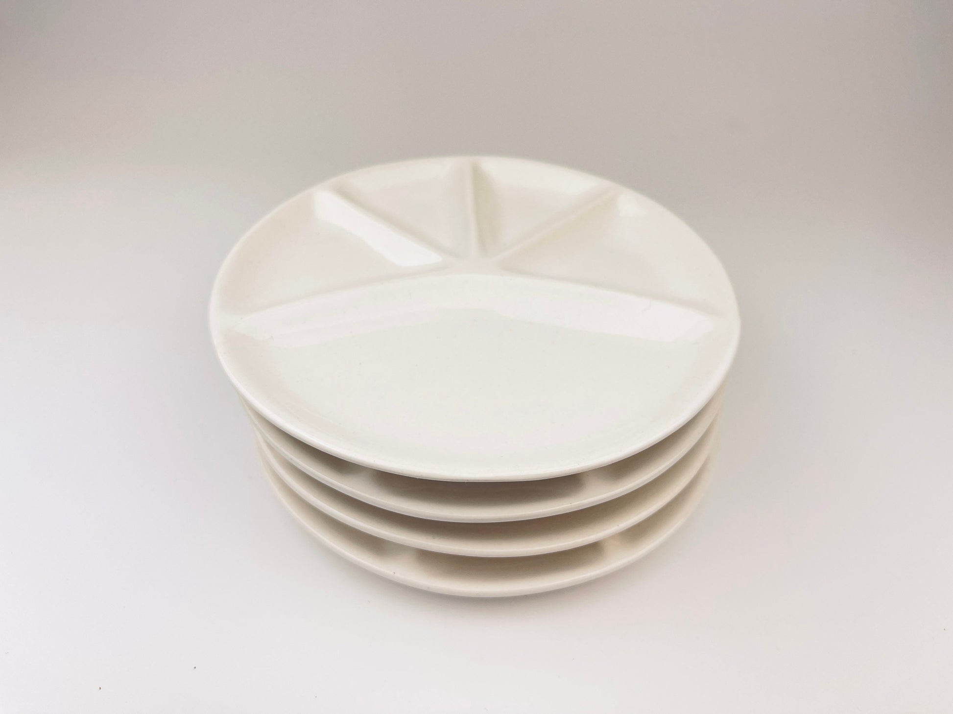Product image for 'vintage 1970s white glazed ceramic fondue sushi plates set of 4' (view e24ace)