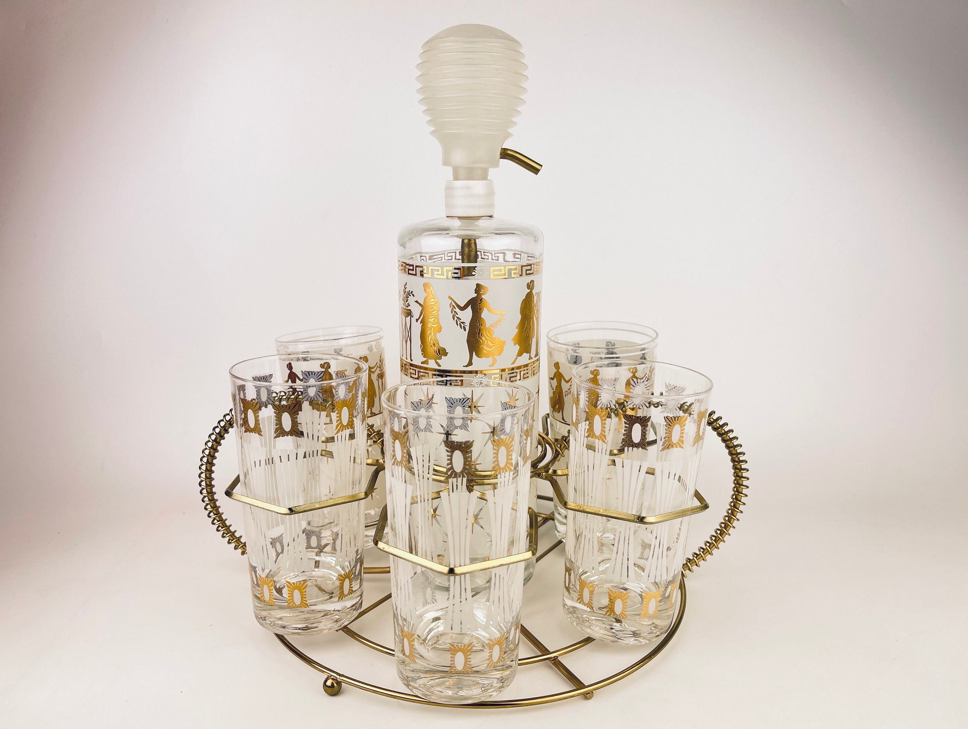 Product image for 'vintage rare aldon frosted white gold grecian gold atomic pattern barware set decanter six glasses barware gift' (view f8b2b4)