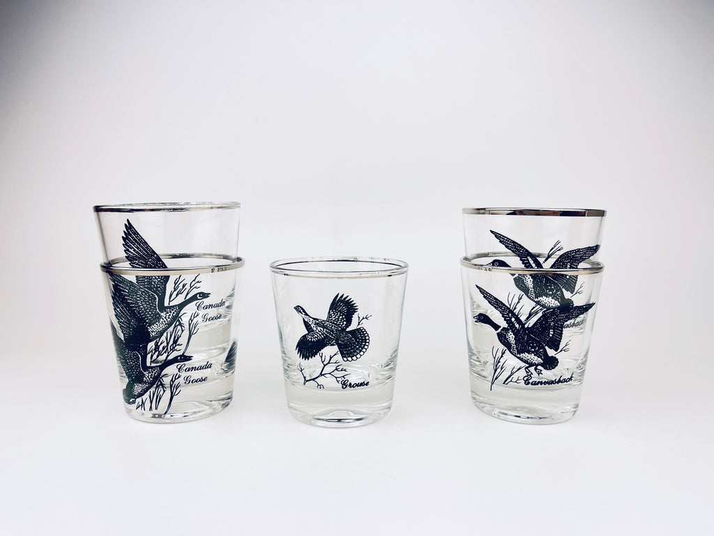 Product image for 'vintage silver rimmed bird drinking glasses set of five 5 perfect hunter gift' (view 9e2515)