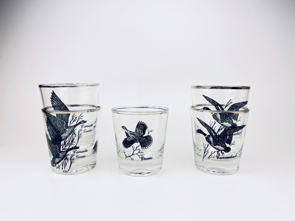 Product image for 'vintage silver rimmed bird drinking glasses set of five 5 perfect hunter gift' (view 9e2515)