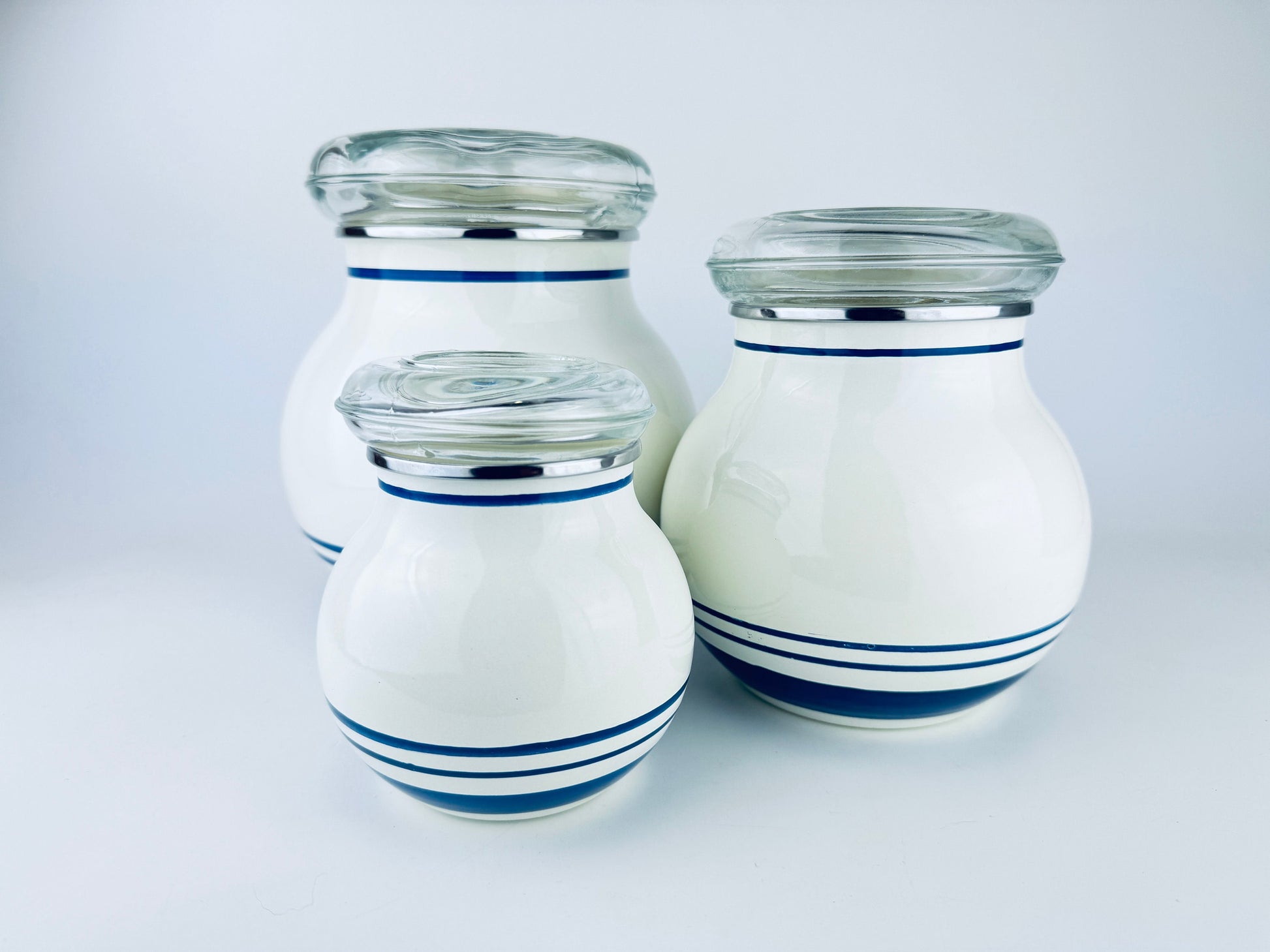 Product image for 'vintage ikea beige blue striped enamelled metal round airtight countertop canister set set of three 3' (view 46268c)