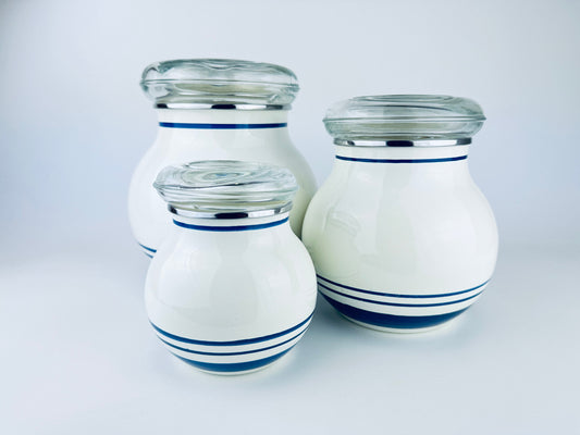 Product image for 'vintage ikea beige blue striped enamelled metal round airtight countertop canister set set of three 3' (view 46268c)