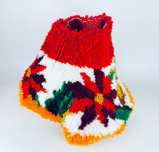Product image for 'vintage handmade latch hook crocheted christmas tree skirt red poinsettia golden bell pattern' (view cb4f35)