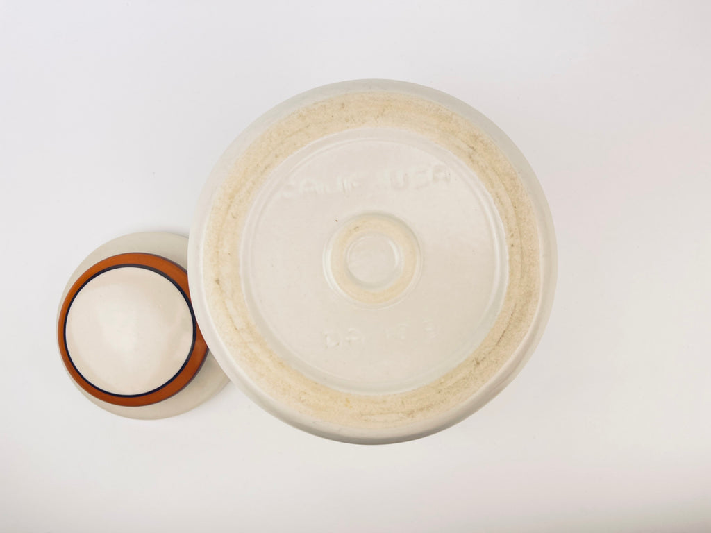 Product image for 'vintage california pottery ceramic lidded jar orange brown striped made in usa' (view c4532c)