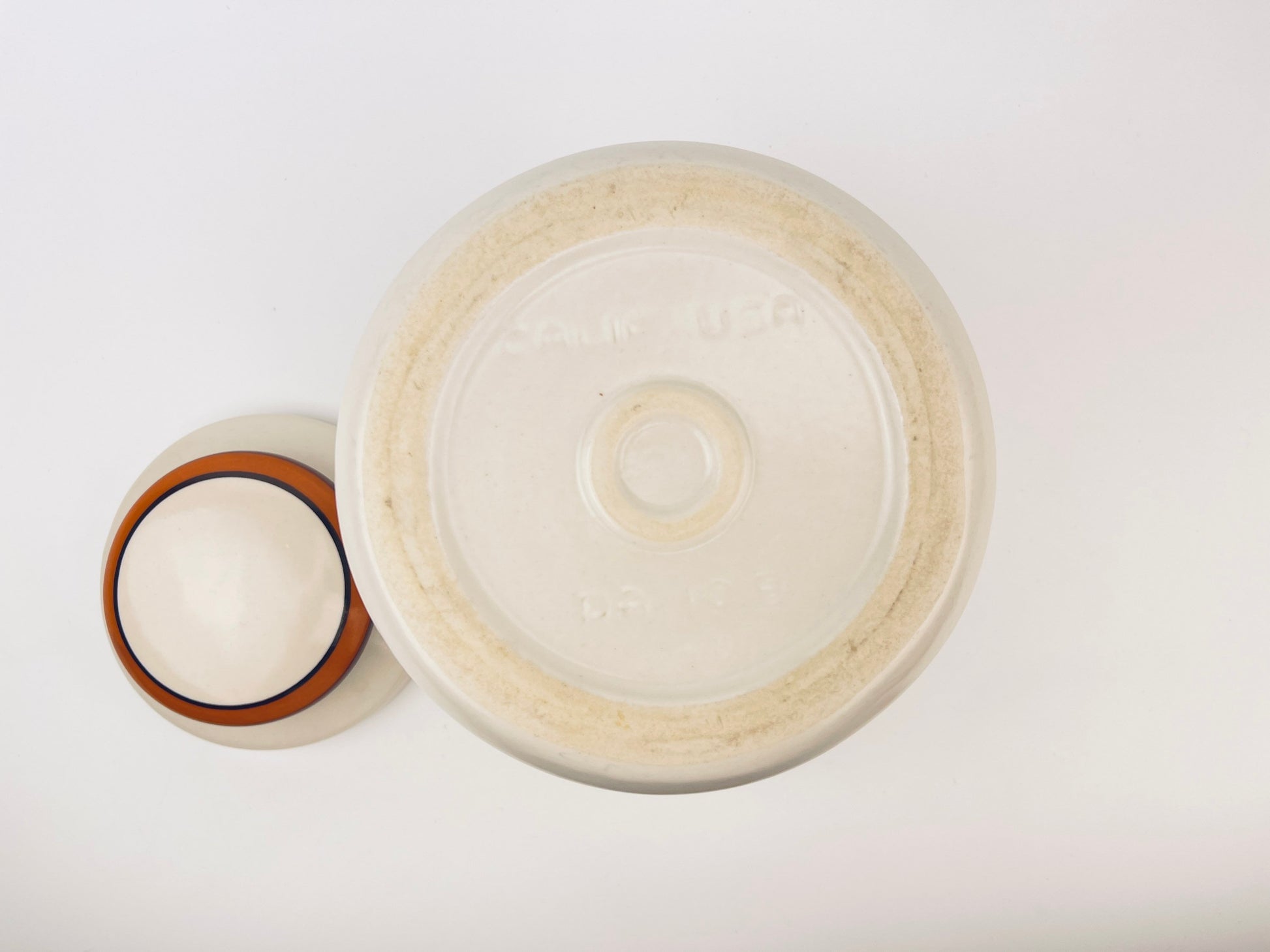 Product image for 'vintage california pottery ceramic lidded jar orange brown striped made in usa' (view c4532c)