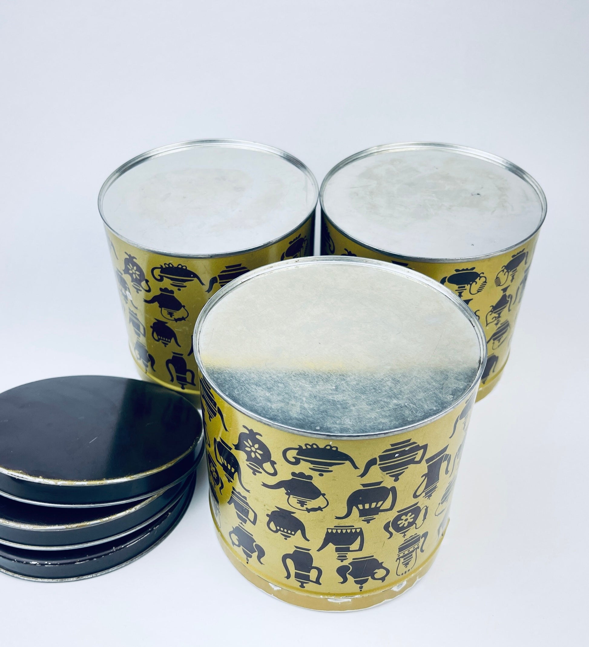 Product image for 'vintage mcm kettle print tea tin canister yellow brown tea pot pattern sold separately' (view 085ec7)