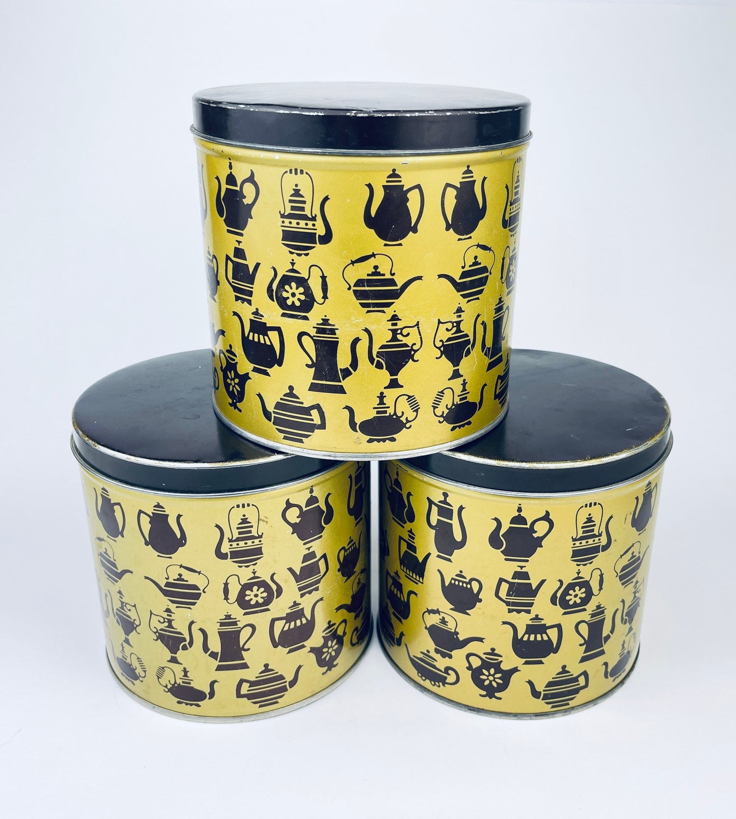 Product image for 'vintage mcm kettle print tea tin canister yellow brown tea pot pattern sold separately' (view 1f93ca)