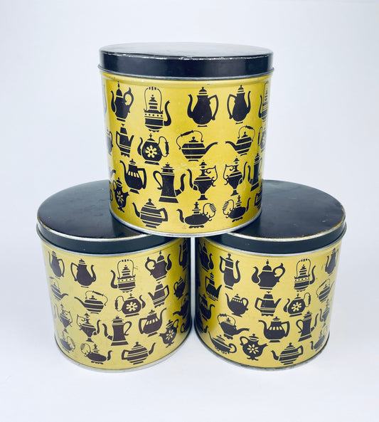 Product image for 'vintage mcm kettle print tea tin canister yellow brown tea pot pattern sold separately' (view 1f93ca)