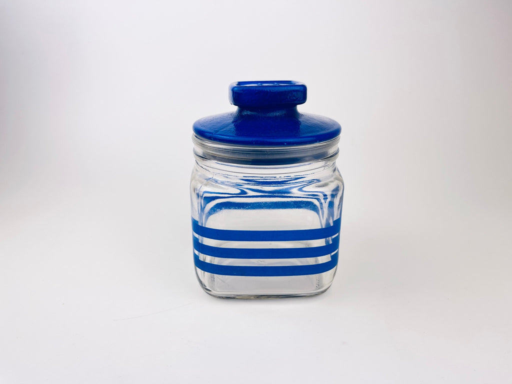 Product image for 'vintage 1980s blue striped glass jar with waffle lid airtight retro kitchen storage' (view c2bfad)