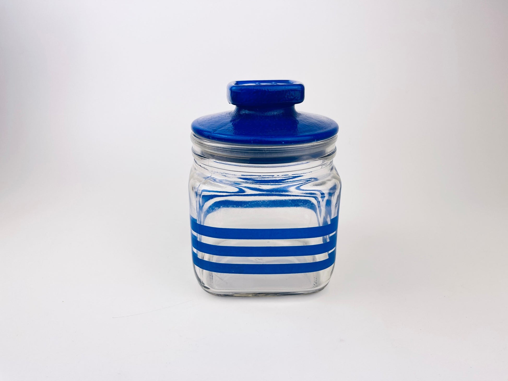 Product image for 'vintage 1980s blue striped glass jar with waffle lid airtight retro kitchen storage' (view c2bfad)