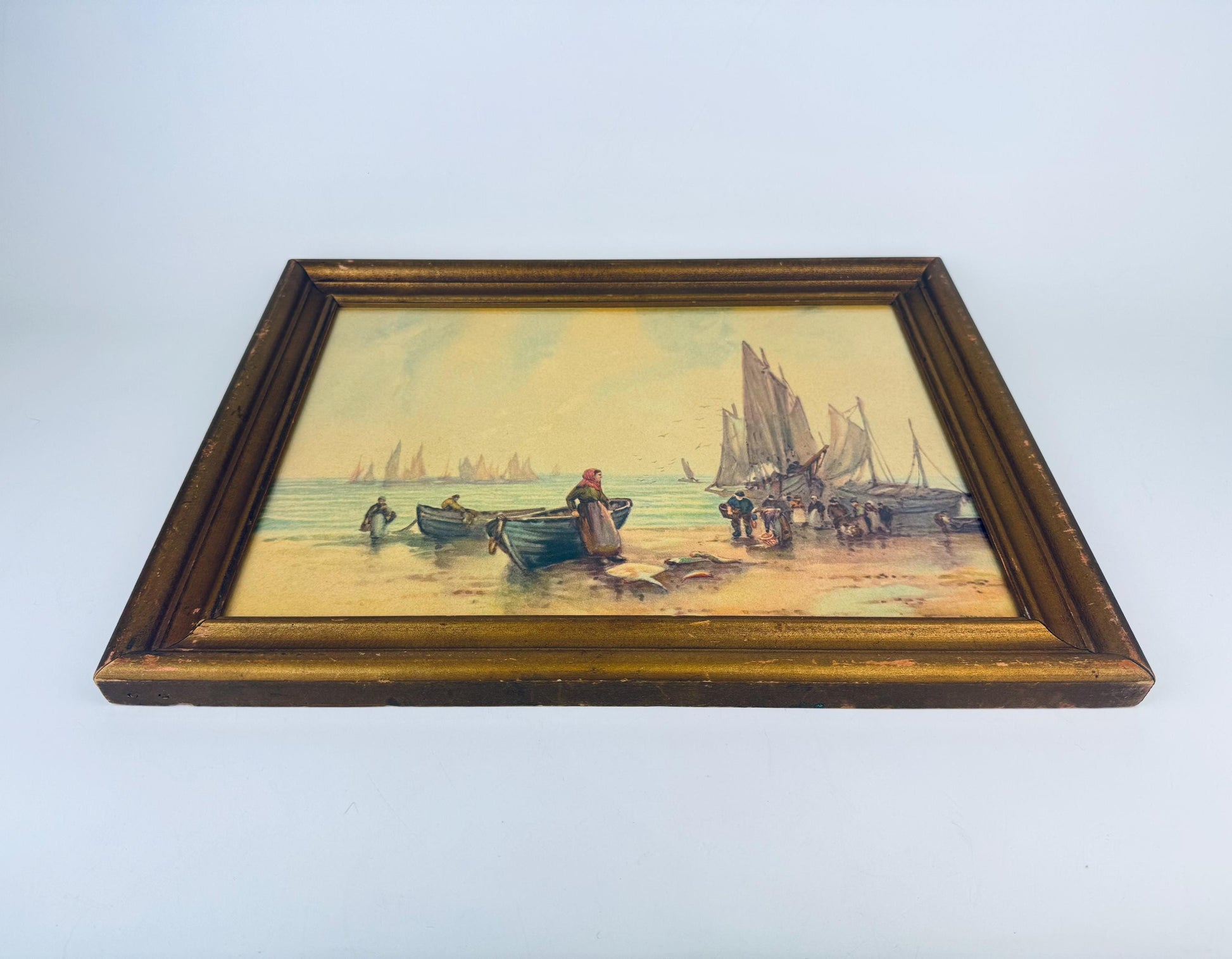 Product image for 'vintage framed coastal lithograph art whitby sands maritime scene m b r inc ny 1940s seaside print' (view e423fc)