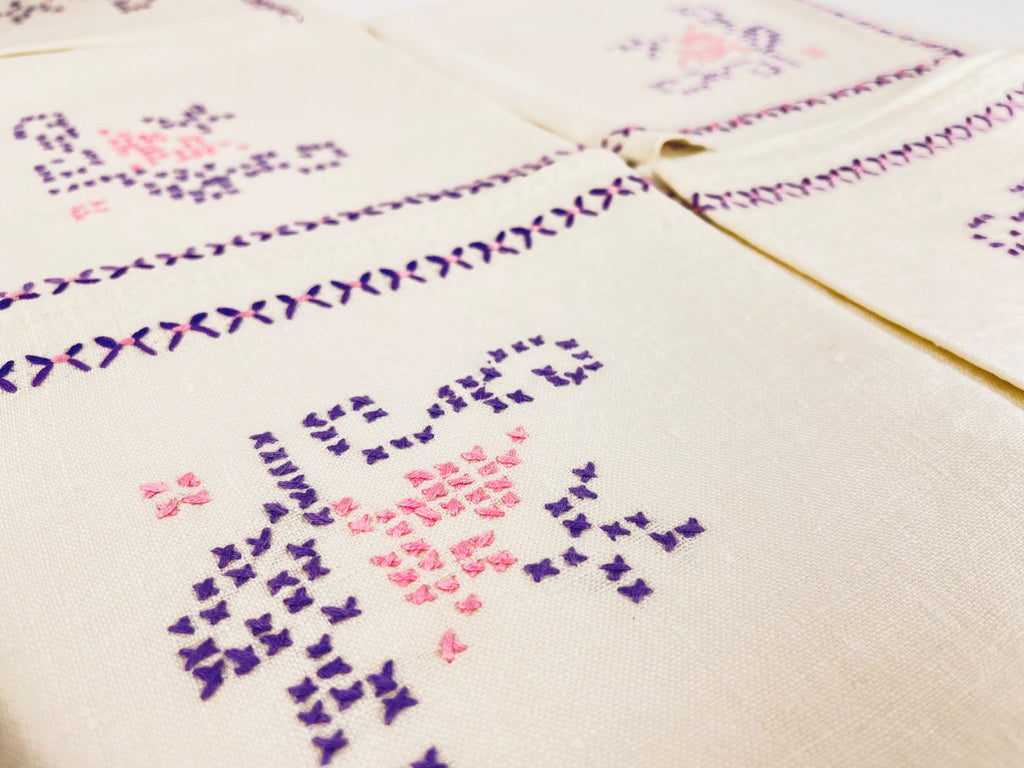 Product image for 'vintage embroidered linen napkins set of 6 in pink purple cross stitch' (view b235e2)