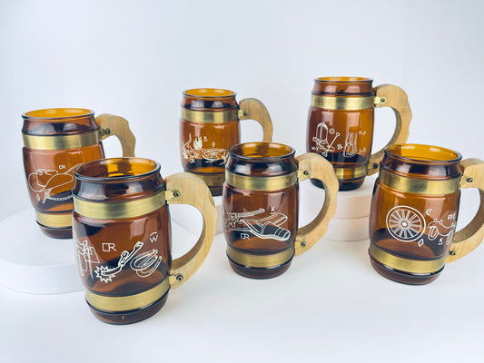 Product image for 'vintage sieta ware amber barrel glass barware steins set of six 6 western cowboy rodeo decor' (view ce2580)