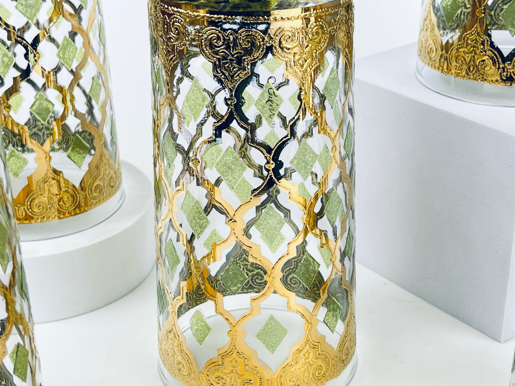 Product image for 'vintage culver tyrol valencia 22 kt gold emerald green diamond pattern barware glasses set of five 5 barware gift' (view 9fe74c)