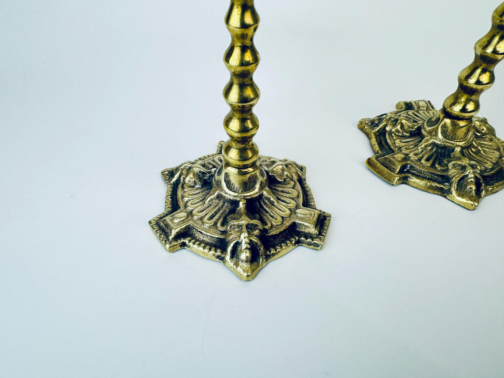 Product image for 'antique vintage english green man face solid brass candlestick holders set of two 2 made in england victorian era' (view ccd262)