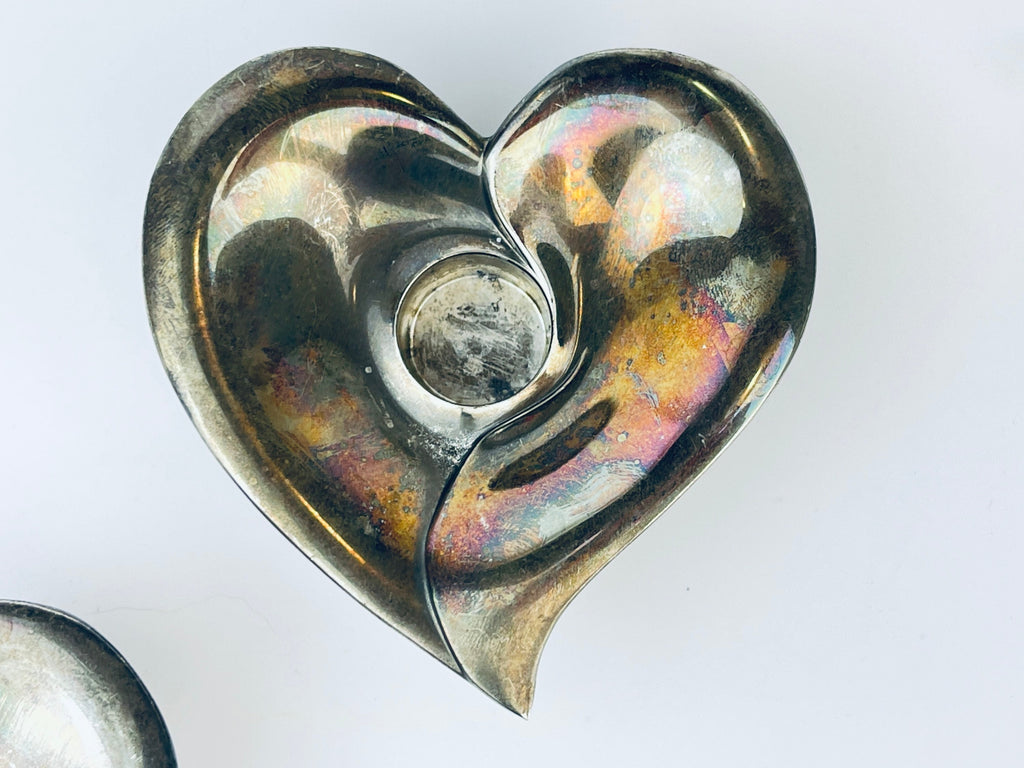 Product image for 'vintage silverplated metal heart tapered candle holder attractive aged metal patina set of two 2' (view d25a59)