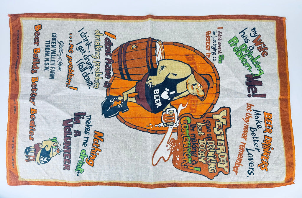 Product image for 'vintage australian handprinted linen tea towel beer builds better bodies australian barware souvenir' (view 585d48)