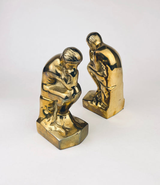 Product image for 'vintage solid brass thinker man bookends attractive aged metal patina gold decor' (view 704b83)