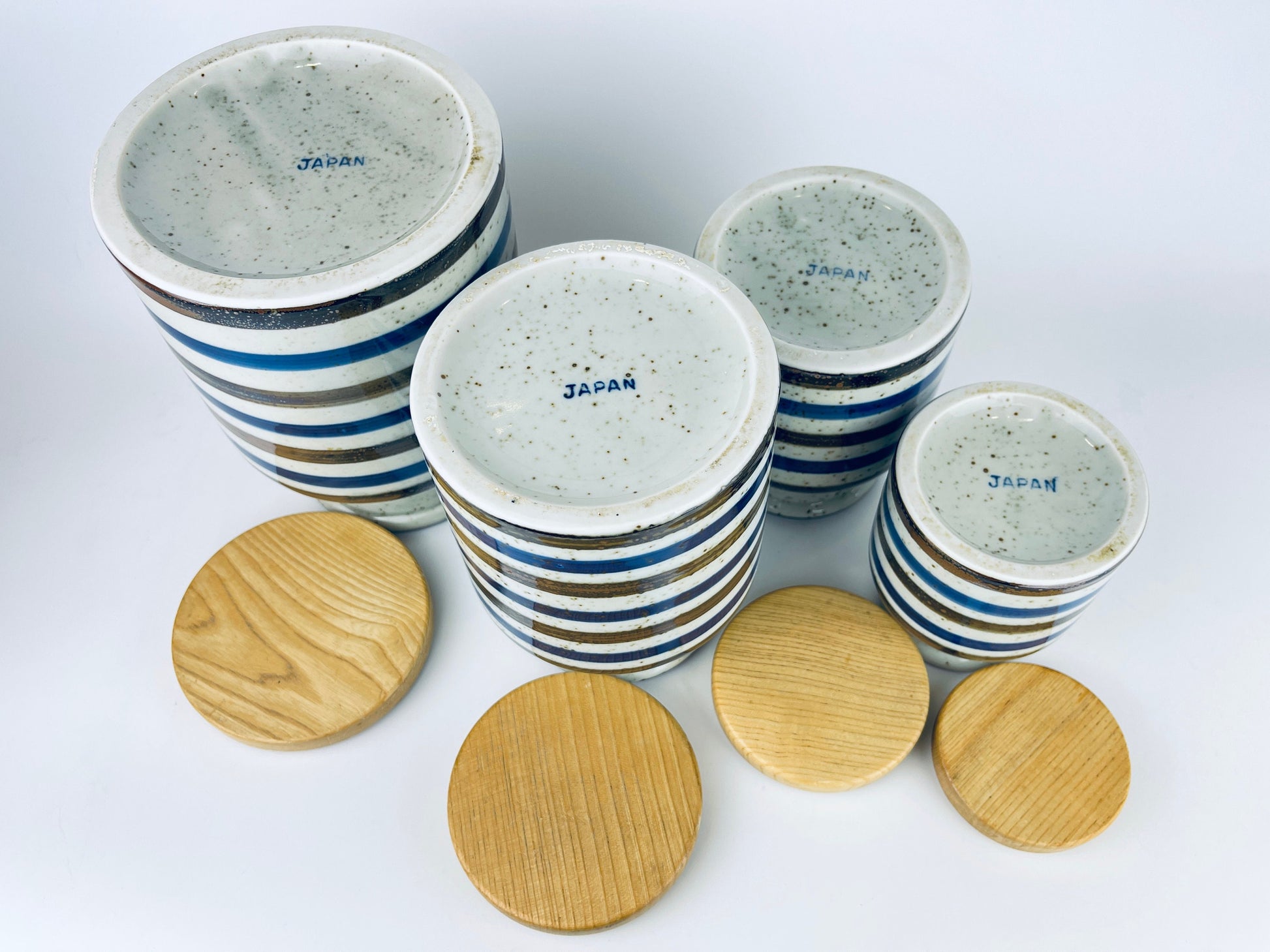 Product image for 'vintage striped grey speckle stoneware countertop canister set set of four 4 made in japan' (view 98a967)