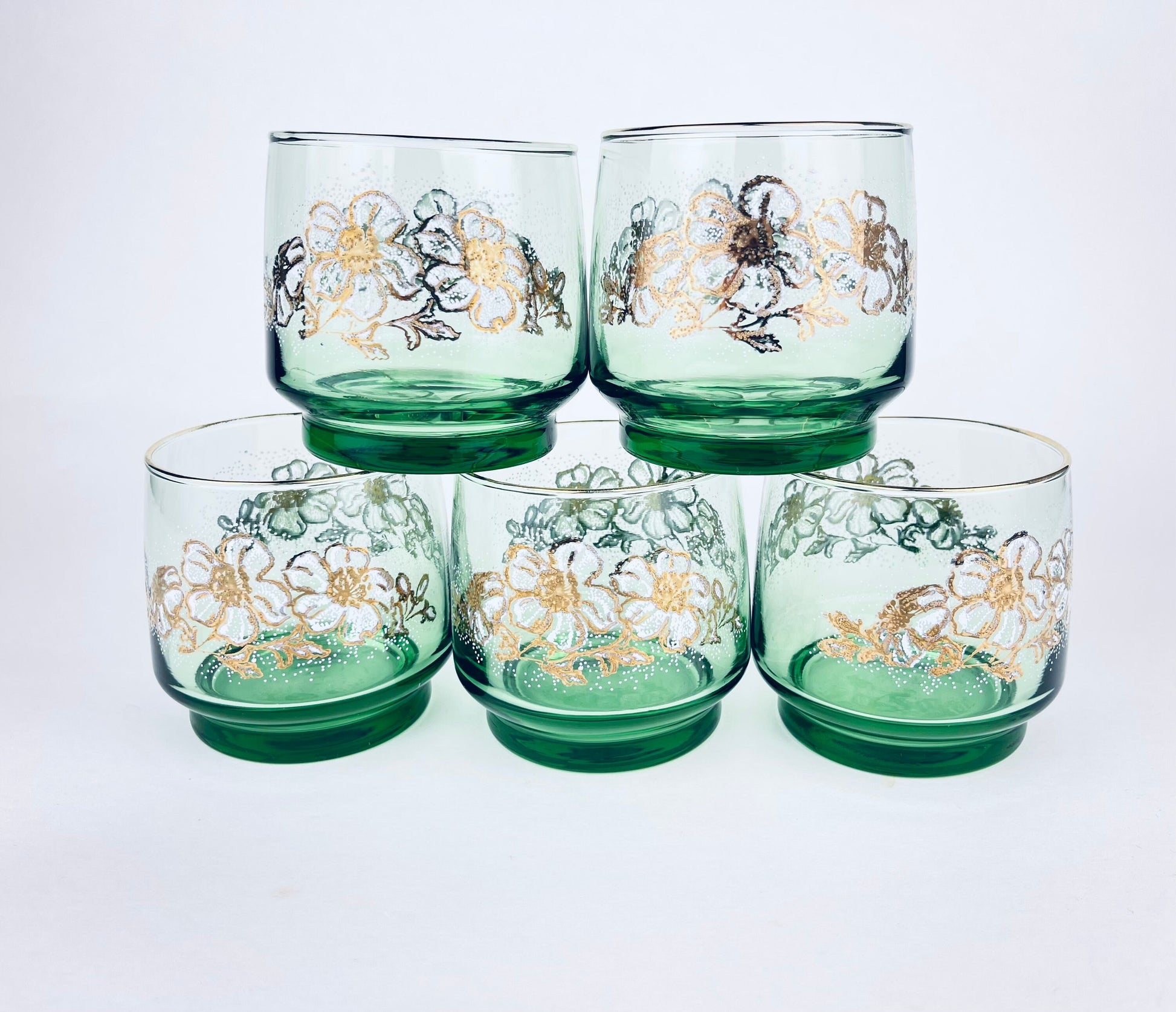 Product image for 'vintage green pedestal lowball glasses set of five 5 gold rimmed top white floral pattern dominion glass company' (view 319d76)