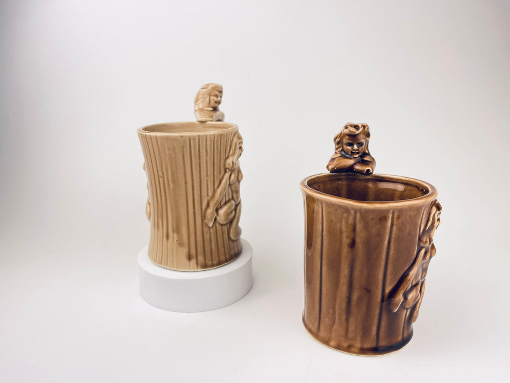 Product image for 'vintage risque nude woman barrel shaped brown ceramic mug sold individually groomsmen barware gift made in japan' (view 2bff47)