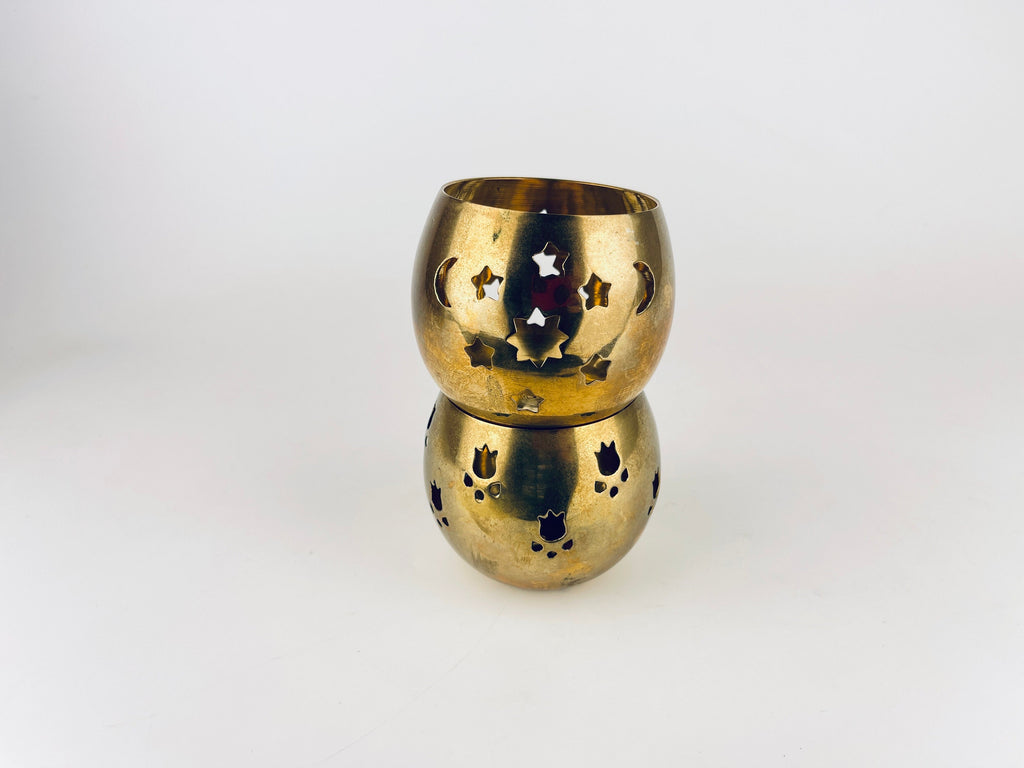 Product image for 'vintage solid brass votive candleholder moon stars tulip floral pattern sold separately' (view c53337)