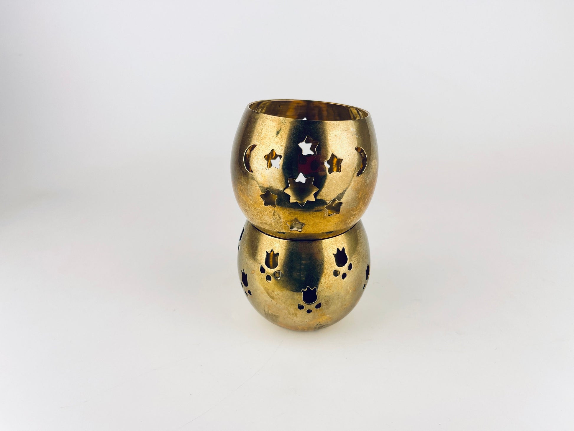 Product image for 'vintage solid brass votive candleholder moon stars tulip floral pattern sold separately' (view c53337)