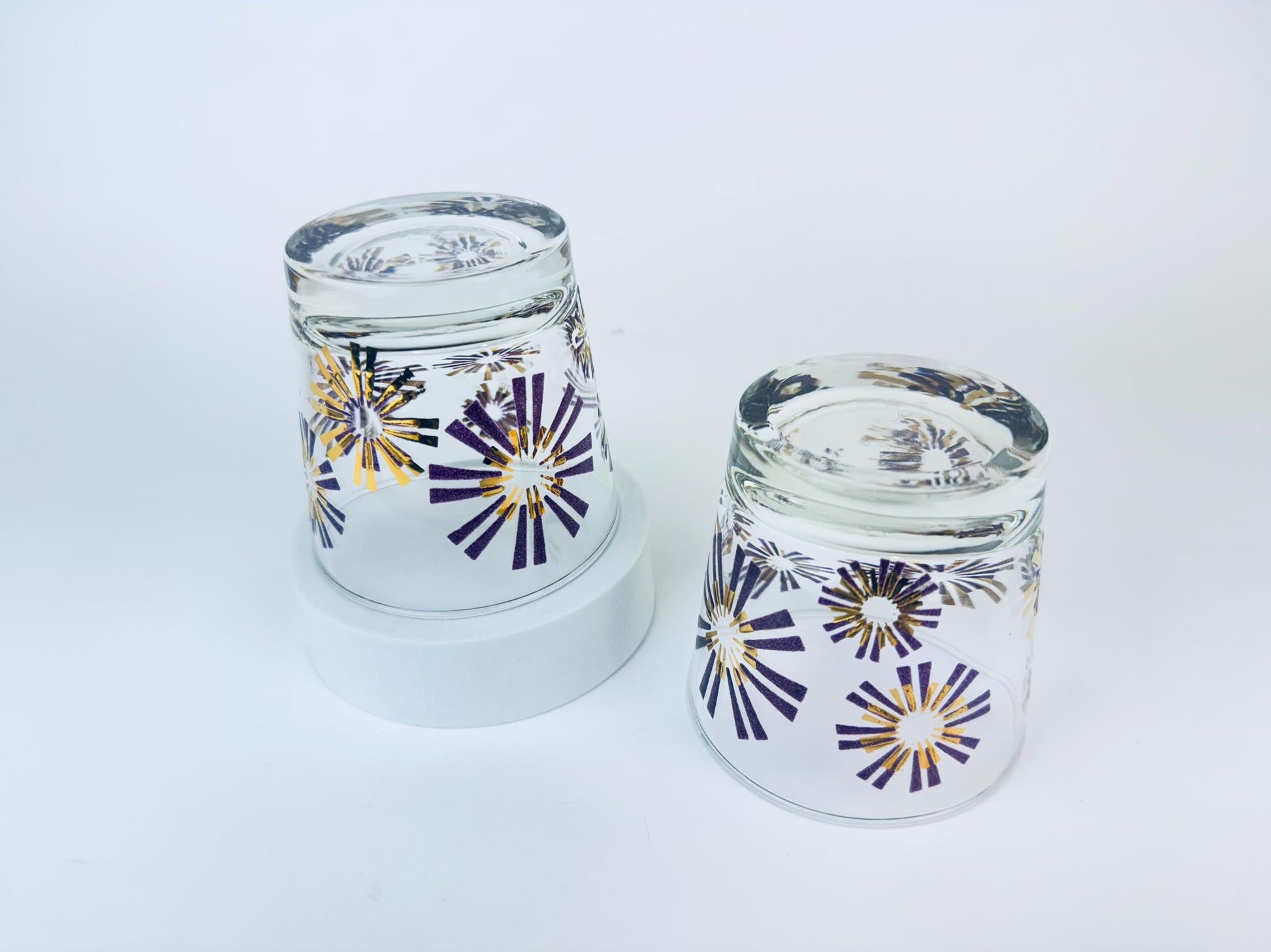 Product image for 'vintage libbey gold purple atomic starburst low ball drinking glasses set of two 2' (view e9e118)