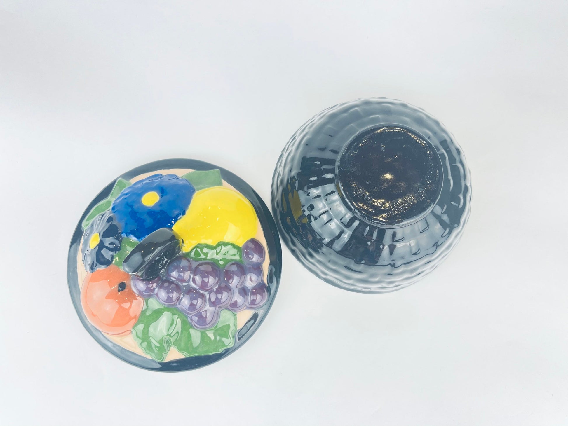 Product image for 'vintage round black ceramic fruit floral bowl with lid' (view 5ed874)