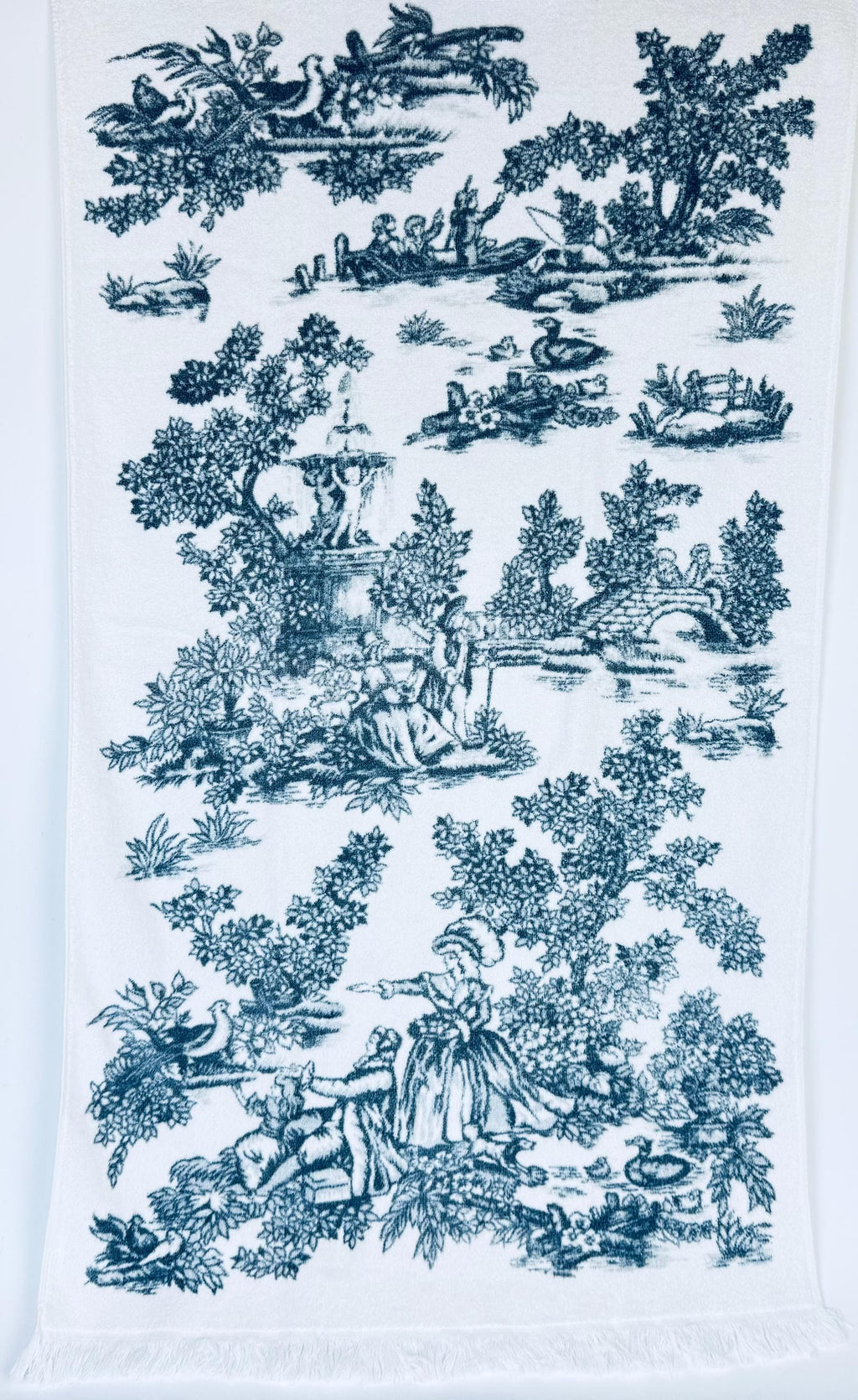 Product image for 'vintage toile print white dark grey fringe bath towel made in canada by wabasso 100 cotton towels sold separately' (view ea8402)