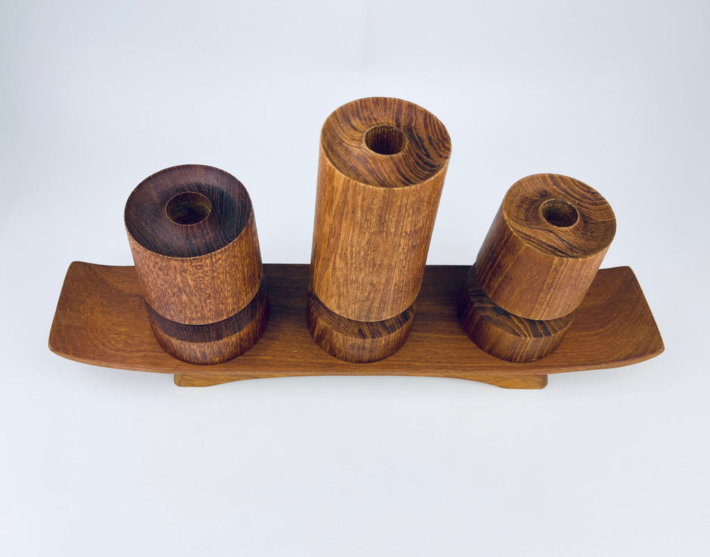 Product image for 'vintage mcm wooden candle holder centrepiece set of three 3 made in canada by north saskatchewan indians la ronge industry' (view 00ea33)