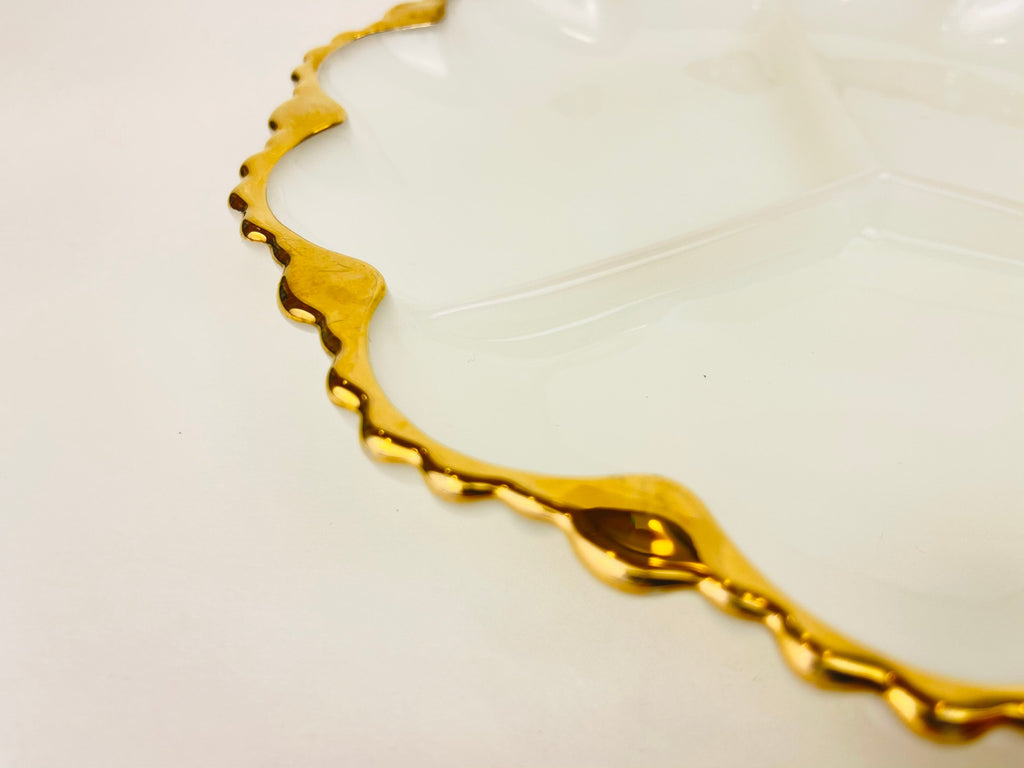 Product image for 'vintage anchor hocking milk glass divided serving dish gold rimmed edge' (view c9ba37)