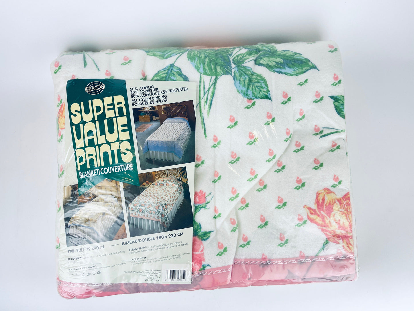 Product image for 'vintage beacon pink floral pattern double full blanket 72 x 90 pink satin ribbon trim nos new old stock made in usa' (view ec3d1c)