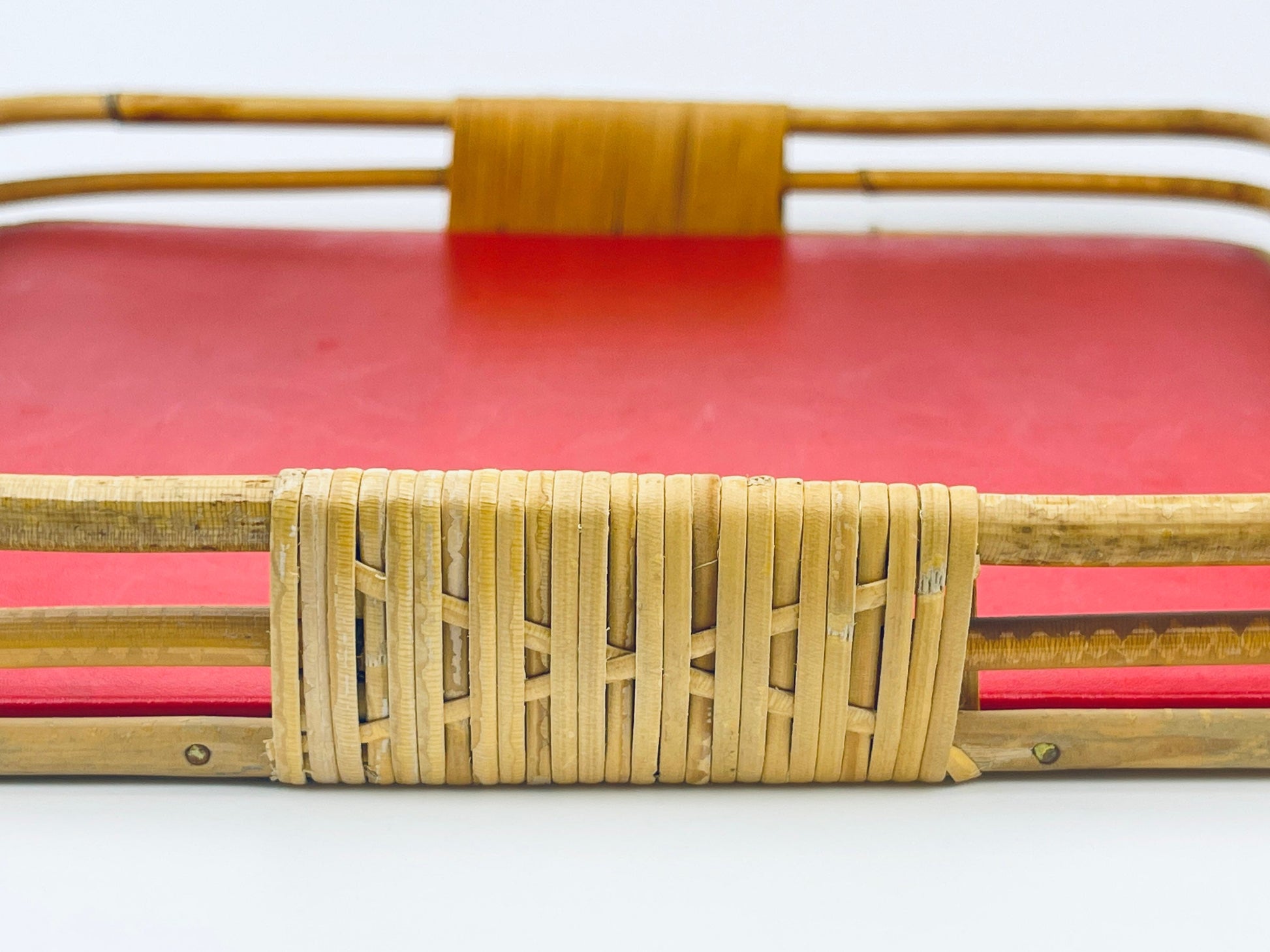 Product image for 'vintage bamboo wicker serving tray with bold red base' (view 97f20c)