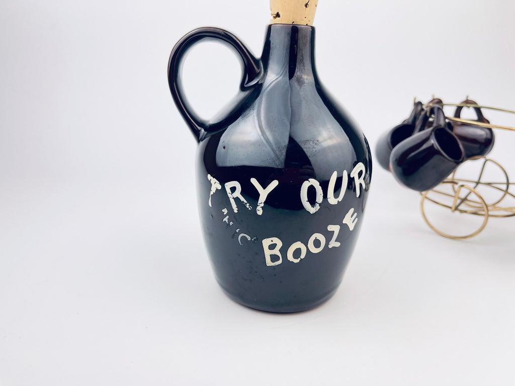 Product image for 'vintage red clay donkey moonshine decanter shoot glass barware set set of six 6 made in japan wild cat juice aged in the wild' (view 2c94fa)
