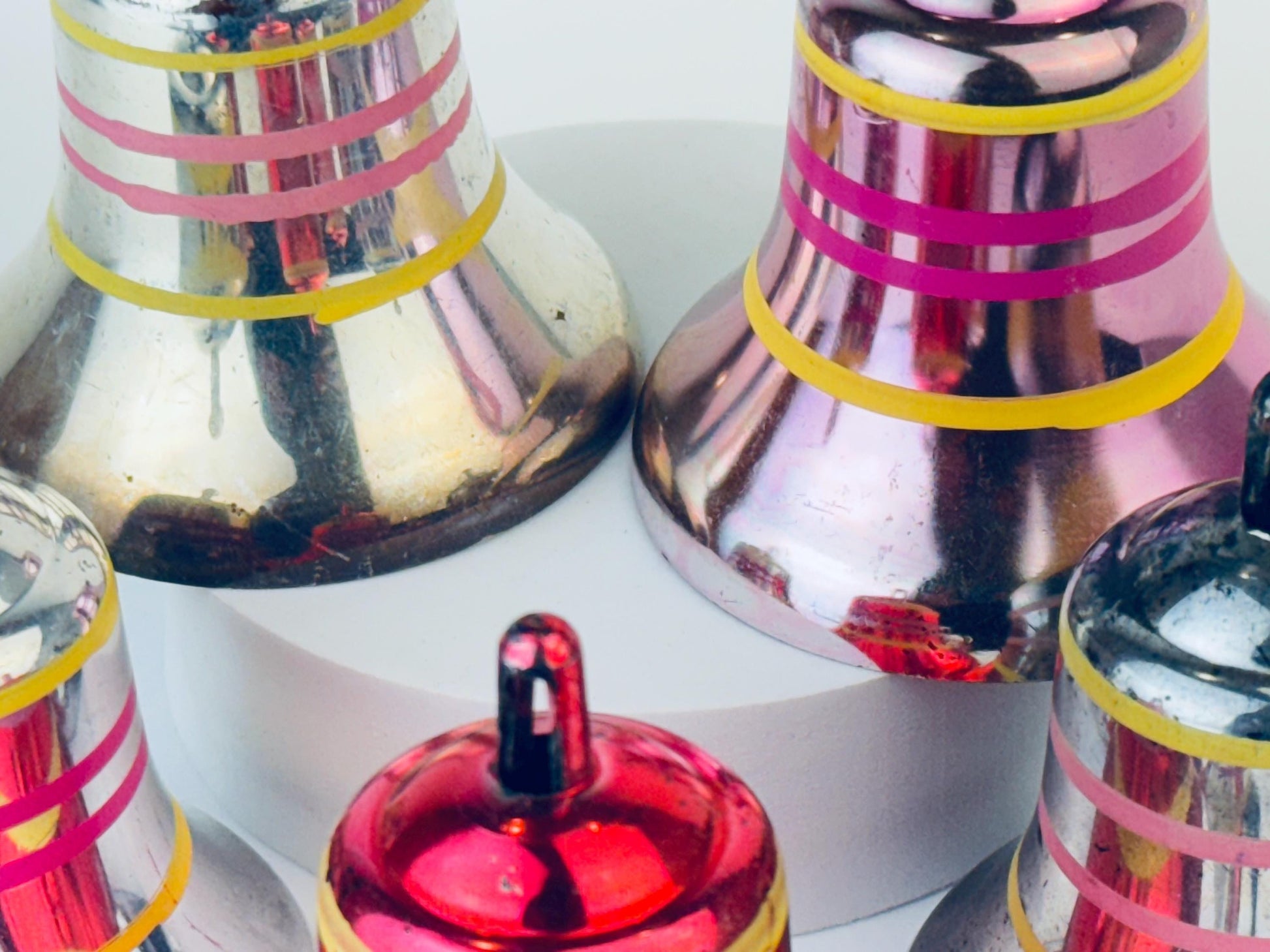 Product image for 'vintage pink silver striped plastic bell christmas tree ornaments set of eight 8' (view 13a474)