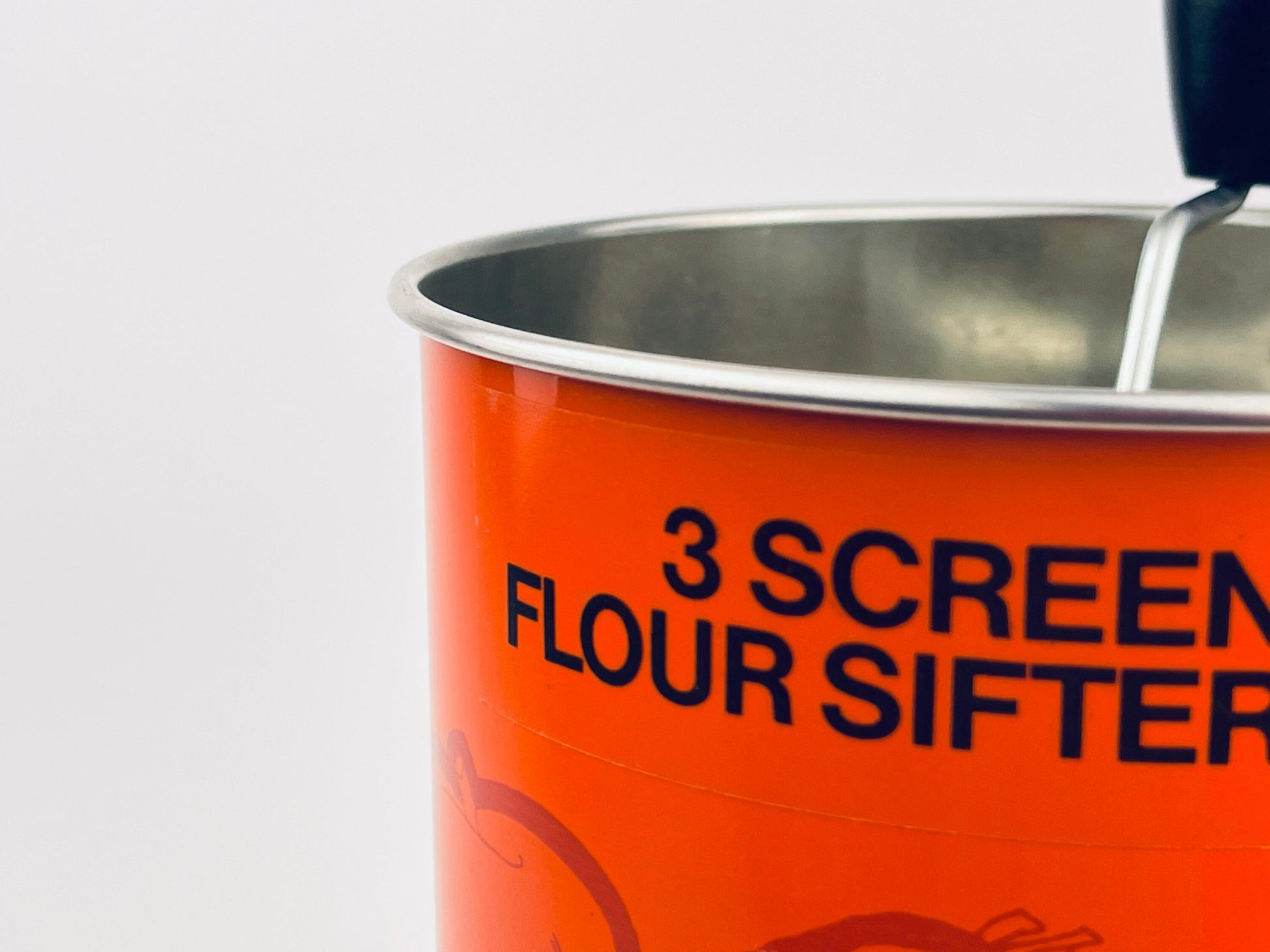 Product image for 'vintage orange metal flour sifter merry mushroom veggie pattern three 3 screen layers new old stock nos' (view 8314f7)