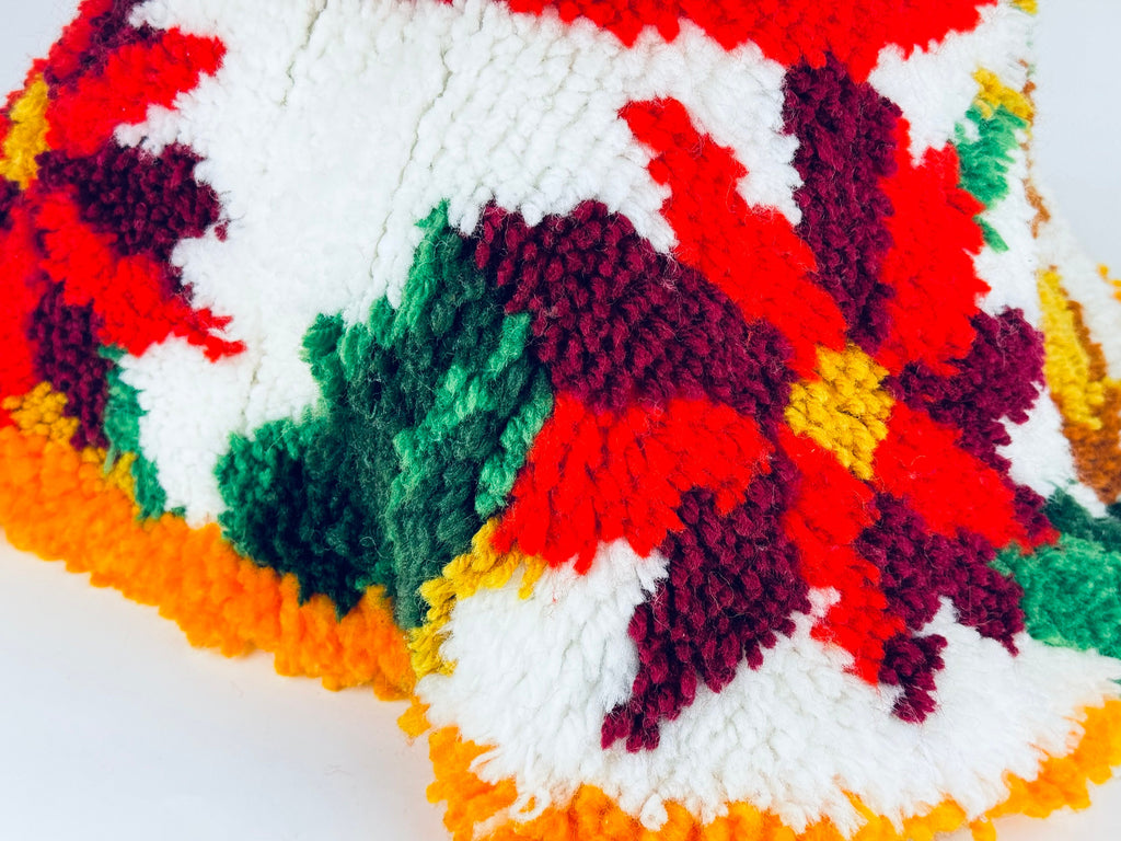 Product image for 'vintage handmade latch hook crocheted christmas tree skirt red poinsettia golden bell pattern' (view fc4554)