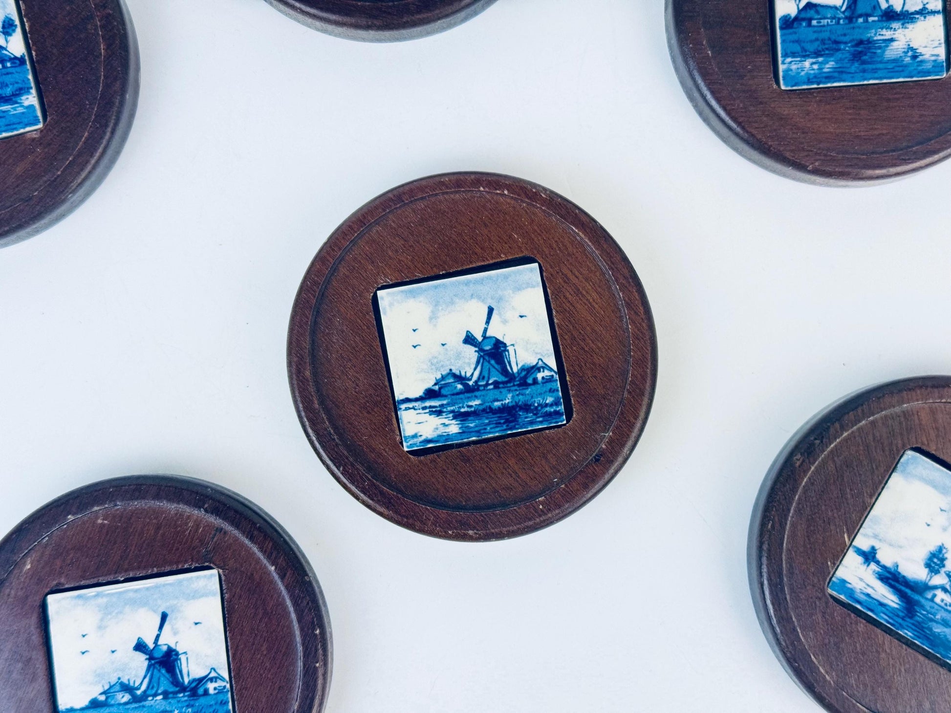 Product image for 'vintage delft windmill blue white coaster set wood ceramic inlay set of six 6' (view b306d1)