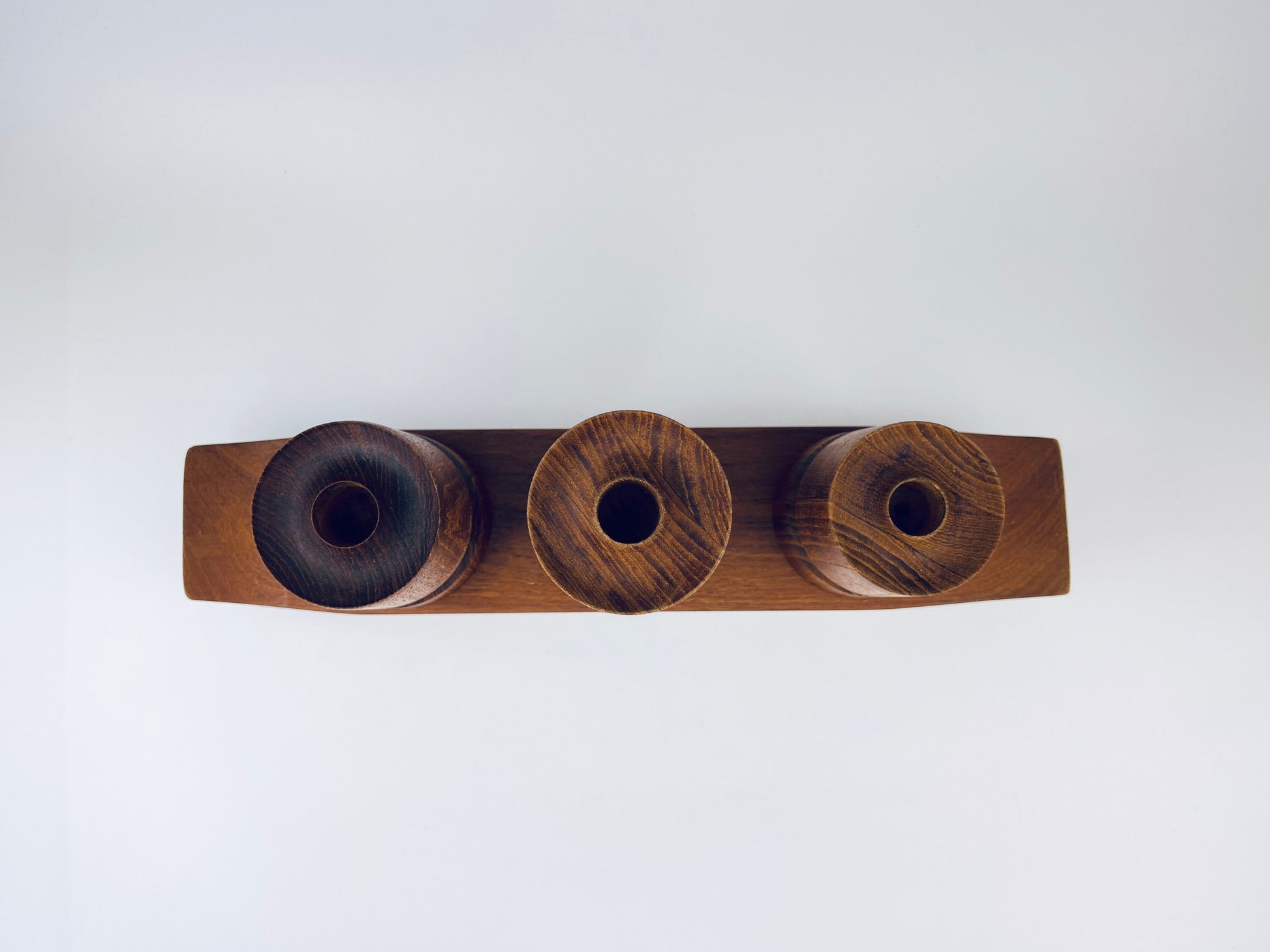 Product image for 'vintage mcm wooden candle holder centrepiece set of three 3 made in canada by north saskatchewan indians la ronge industry' (view dd700a)