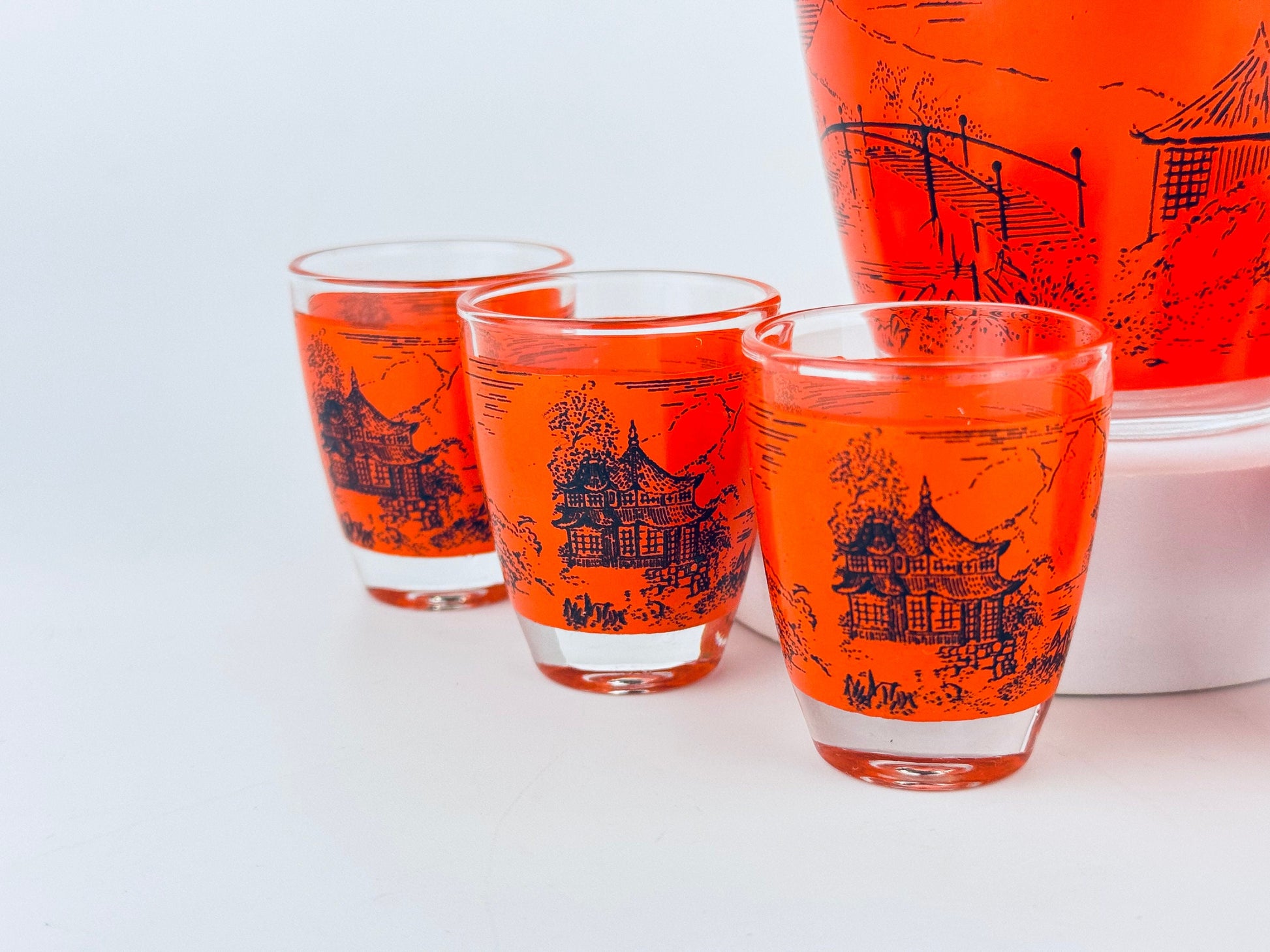Product image for 'vintage orange black asian landscape print glass decanter shot glasses set of six 6 made in france barware gift' (view b4ec33)