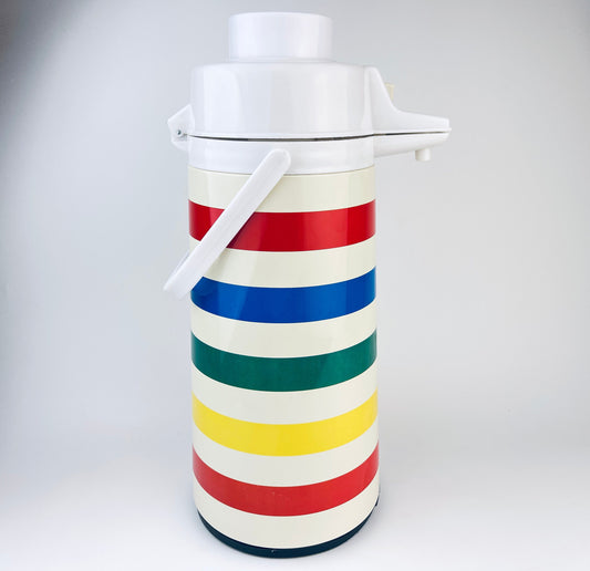 Product image for 'vintage primary colour striped vacuum thermos carafe soccer mom dad drink dispenser outdoor party decor' (view 6eb6a2)