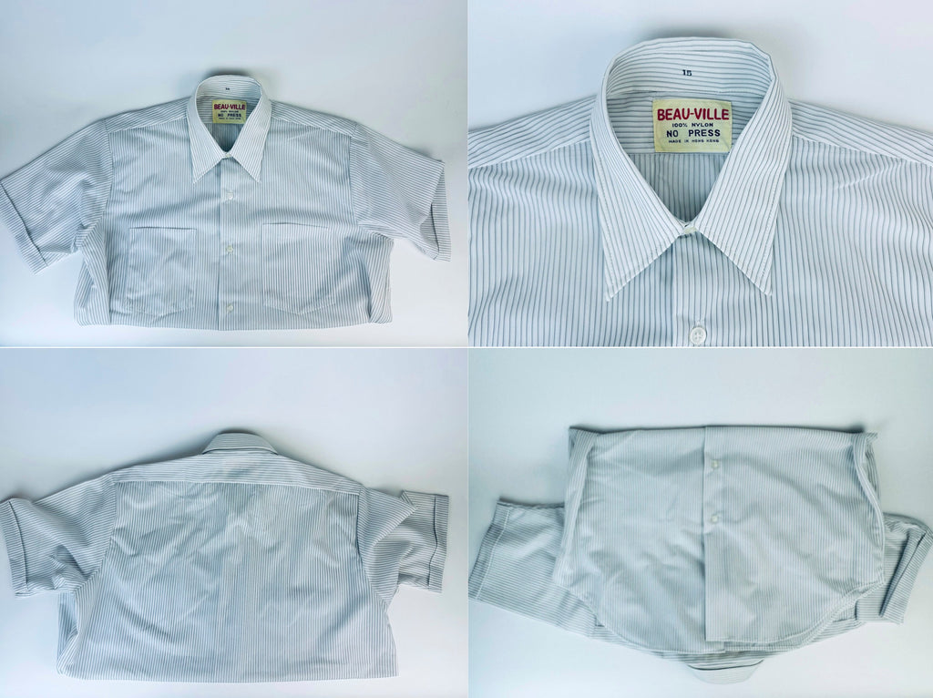 Product image for 'vintage 1970s blue grey striped short sleeve button up shirts 100 nylon made in hong kong by beau ville sold separately' (view ece4e9)